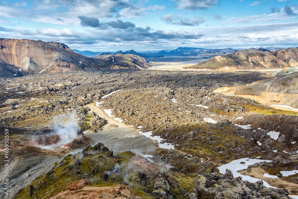 Thermal springs and lava fields in Landmannalaugar valley in Iceland