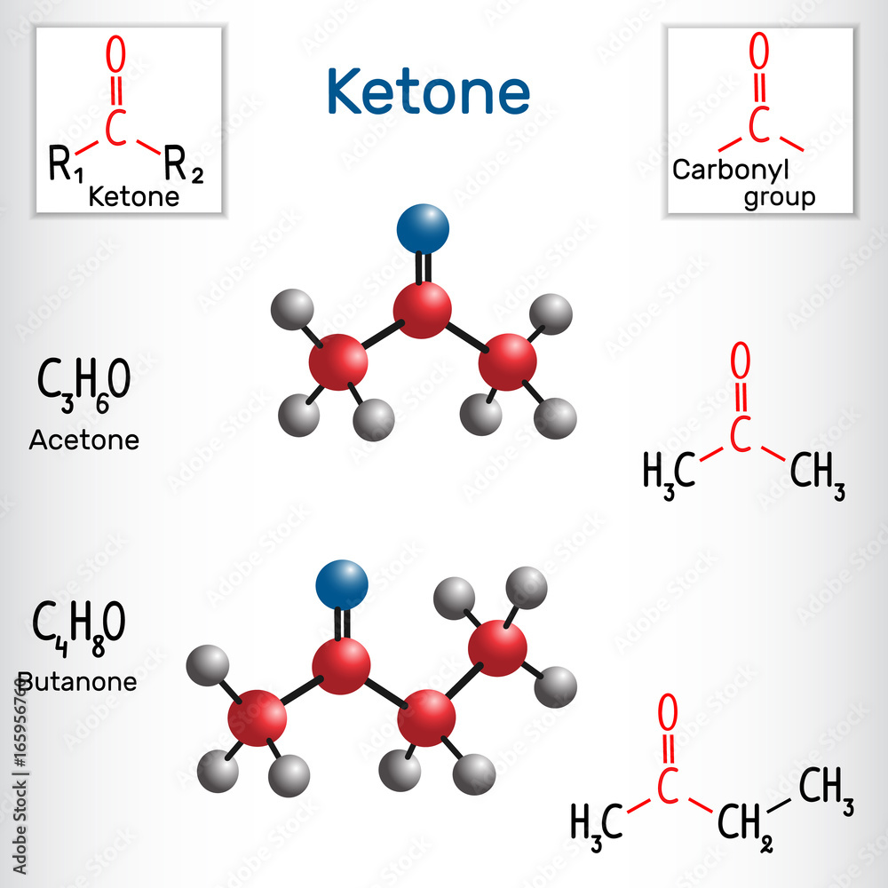 Acetone and butanone ( methyl ethyl ketone) molecule - structural chemical  formula and model Stock Vector | Adobe Stock