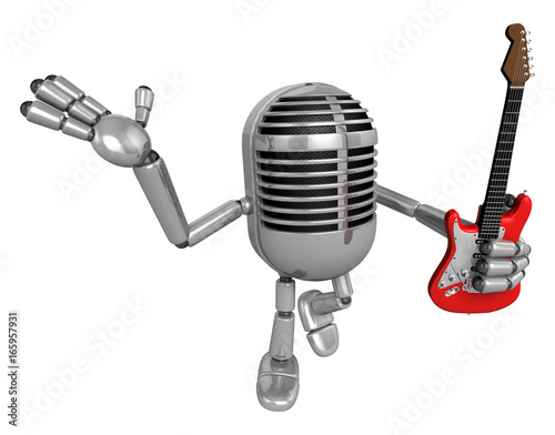 3D Classic Microphone is holding electric guitar. 3D Classic Microphone Robot Character Series.