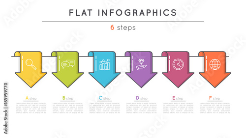 Flat style 6 steps timeline infographic template. Thin line business presentation concept.