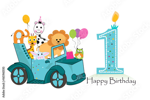 First birthday car with animals background. Birthday greeting card