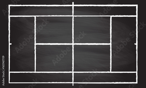 Tennis court or field isolated on blackboard texture with chalk rubbed background. Vector illustration. 