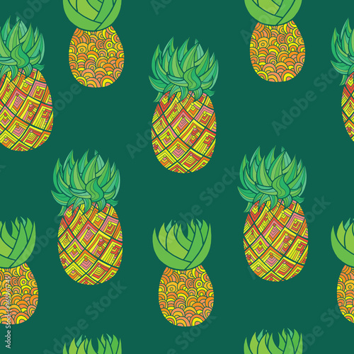 Seamless hand drawn pattern with pineapple on dark green backgro