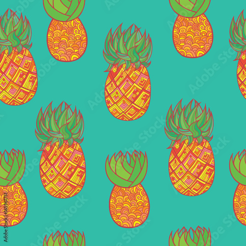 Seamless hand drawn pattern with pineapple. Tropical exotic frui