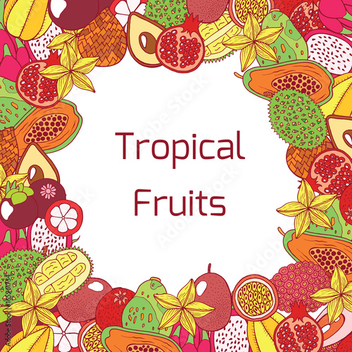 Colorful hand drawn frame with tropical exotic fruits. Vector gr