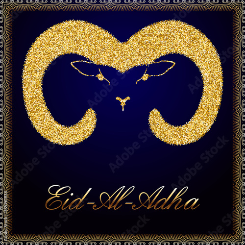 The head of a sheep from golden sequins to an Islamic holiday Aid- Al- Adha. Vector illustration on a blue background