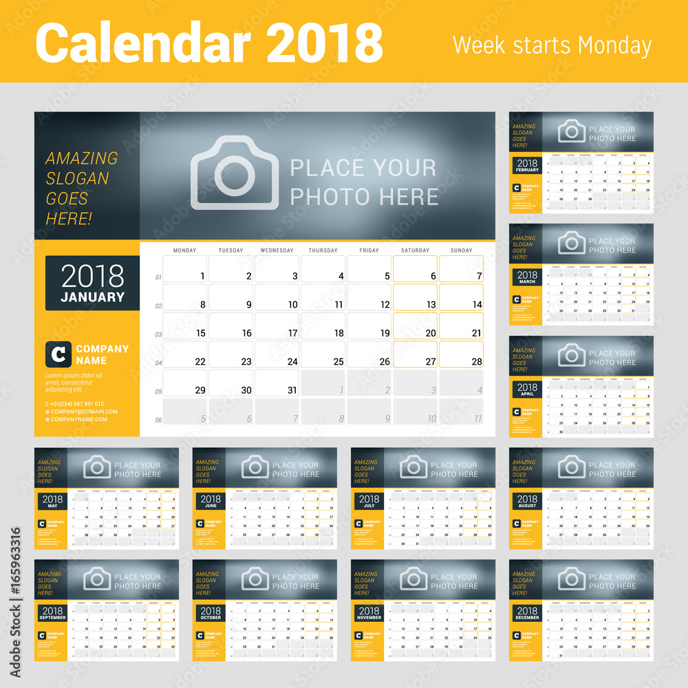 Calendar for 2018 Year. Vector Design Print Template with Place for Photo, Logo and Contact Information. Week Starts on Monday. Set of 12 Months Calendar for 2018 Year. Vector Design Print Template with Place for Photo, Logo and Contact Information. Week Starts on Monday. Set of 12 Months