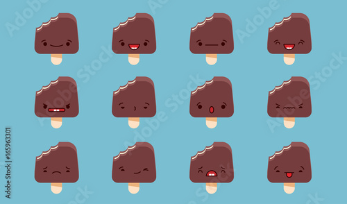 Set of vector kawaii chocolate ice cream emoticons. Isolated on pale blue background.