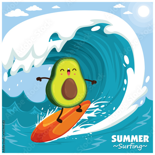 Vintage fruit poster design with vector avocado surfer.