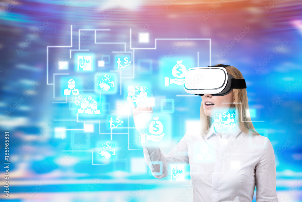 Blonde woman in VR glasses, economic icons Blonde woman in VR glasses, economic icons