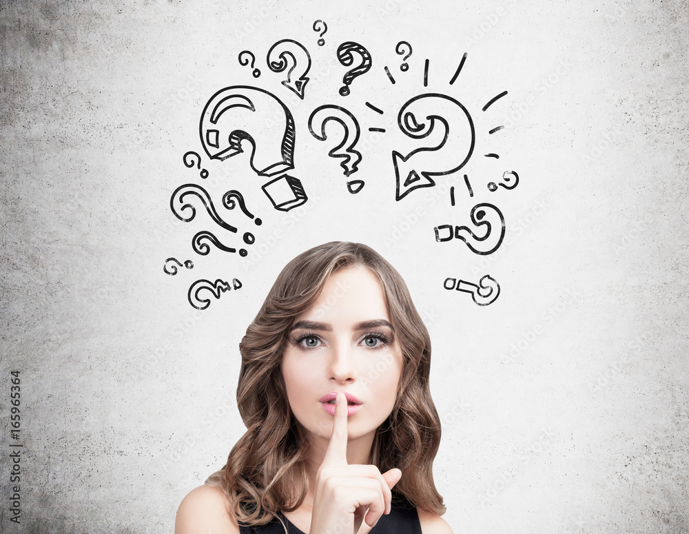 Wavy hair girl, hush sign, question marks Wavy hair girl, hush sign, question marks