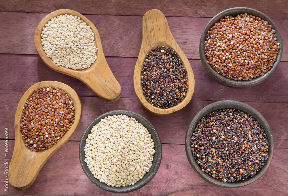 Seeds of white, red and black quinoa - Chenopodium quinoa Seeds of white, red and black quinoa - Chenopodium quinoa