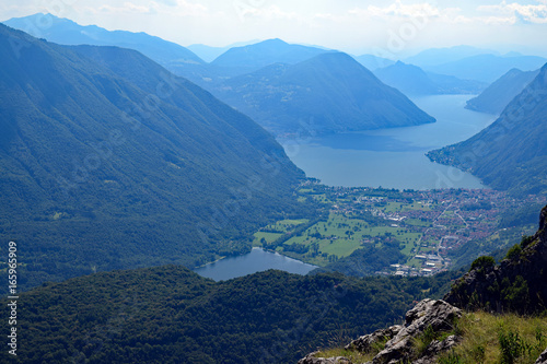 View of lake Lago and Switzerland from Mount Grona, above Menaggio, Italy