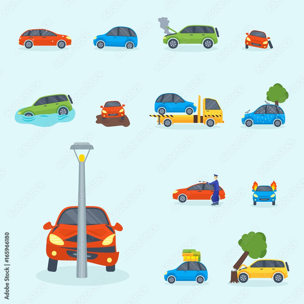 Naklejka premium Car crash collision traffic insurance safety automobile emergency disaster and emergency repair transport vector illustration.