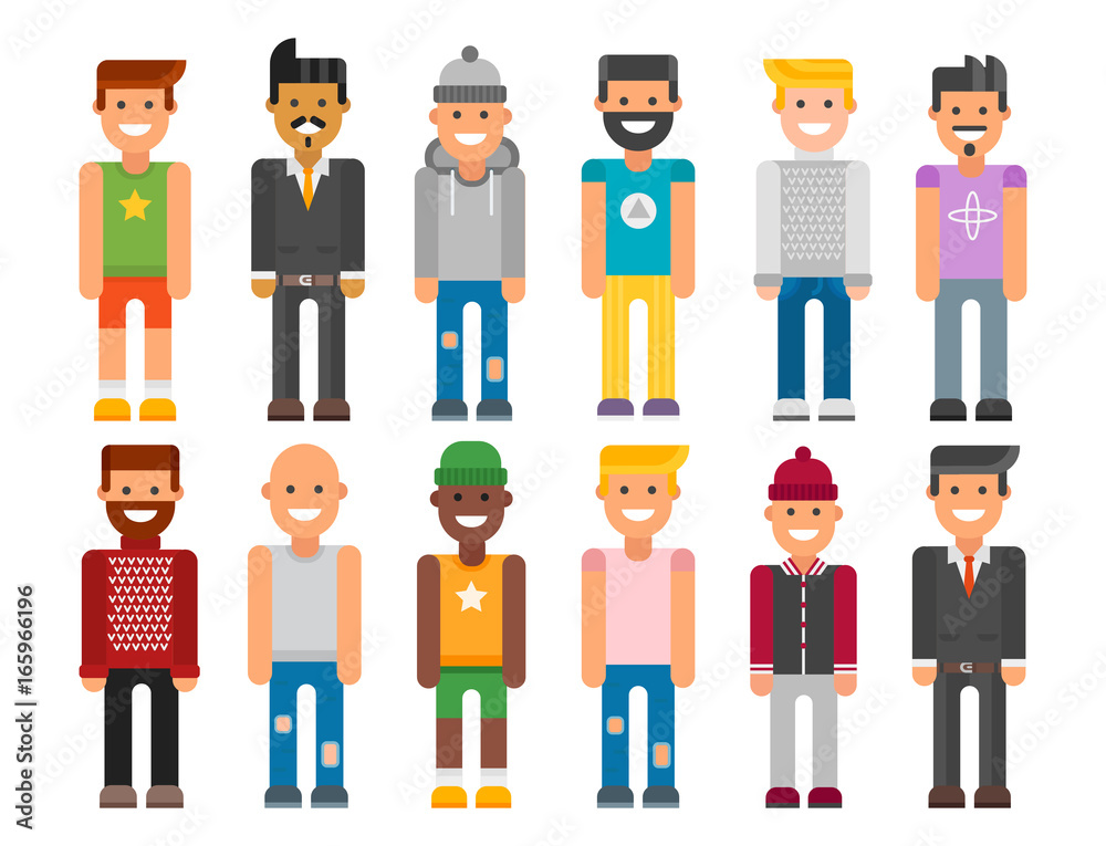 Group of men portrait different nationality friendship character team happy people young guy person vector illustration.