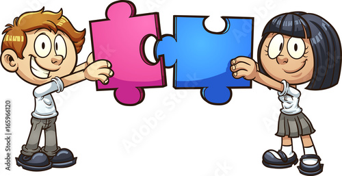 Cartoon students in uniform, holding jigsaw puzzle pieces. Vector clip art illustration with simple gradients. Each on a separate layer. 