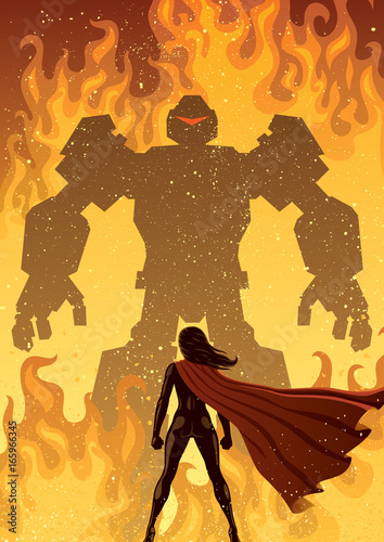Super Heroine Versus Robot / Super heroine facing giant evil robot. 