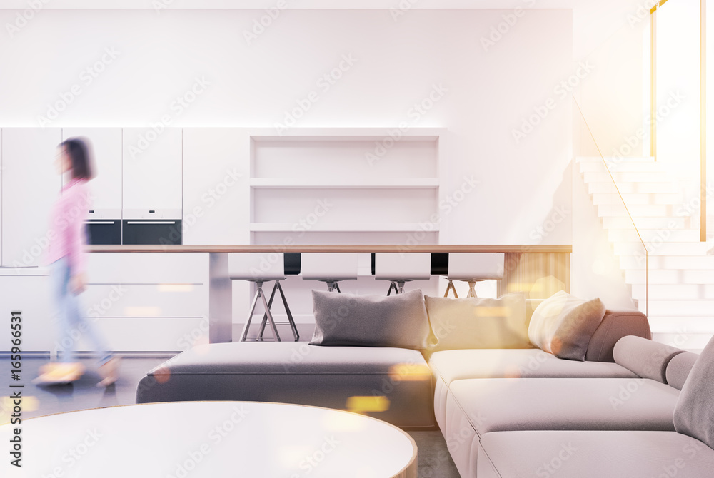 Fototapeta premium White living room interior, sofa, girl