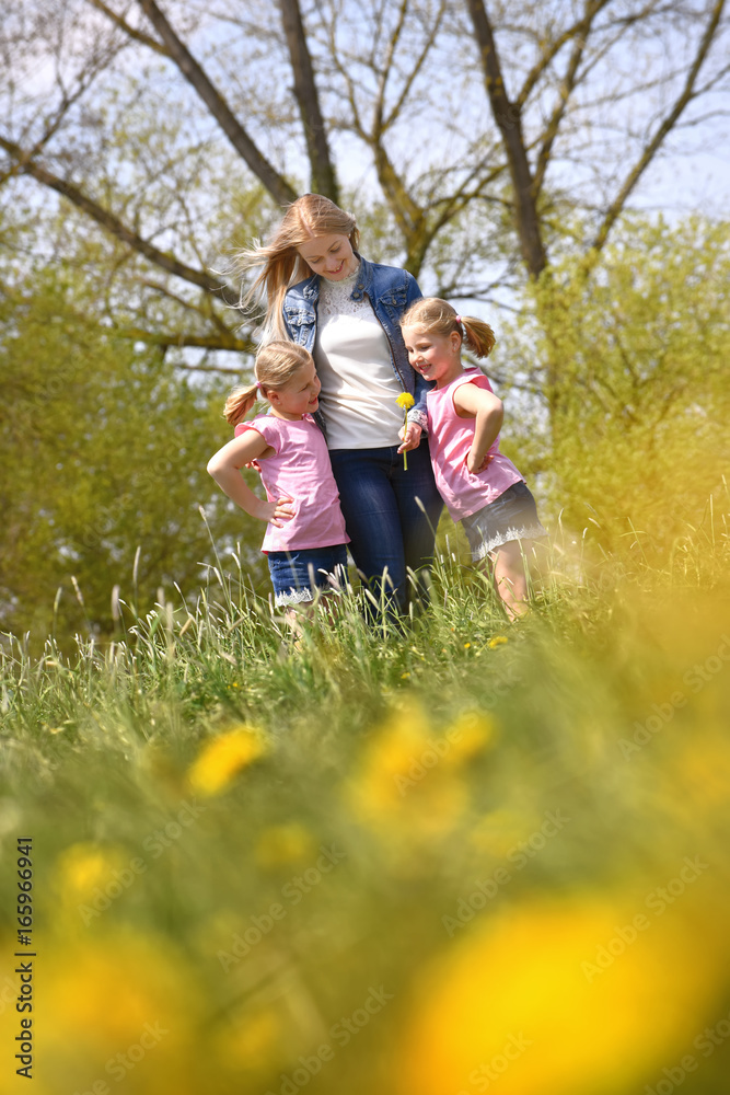 Fototapeta premium A young mother stands with her twin daughters in a flower field. The happy twins embrace their mother and enjoy the many flowers around them. 