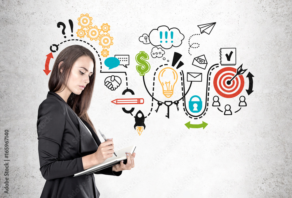 Businesswoman with a planner, startup scheme Businesswoman with a planner, startup scheme