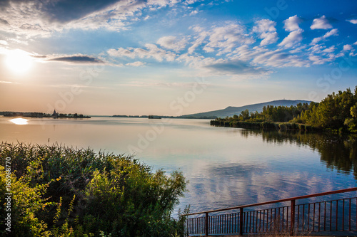 Beautiful Landscape at sunrise. Church of St. Linhart. Czech Republic