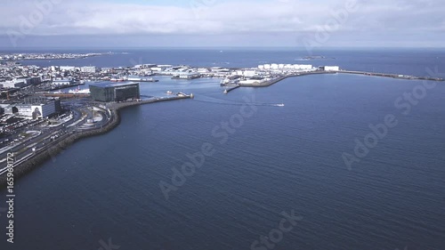 Aerial, Iceland coastal cityscape