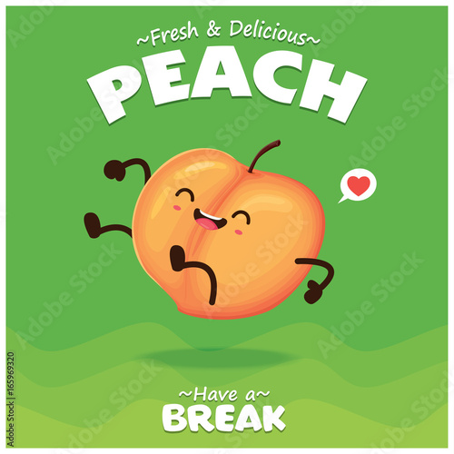 Vintage peach poster design with vector peach character.