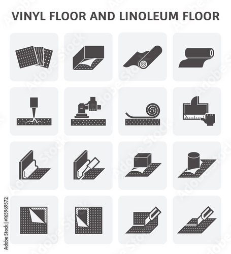 Vinyl or linoleum floor installation for home vector icon. Covering wrap floor by grinding repair and construction. Include material i.e. glue, sealant, baseboard, roll and sample of texture pattern.