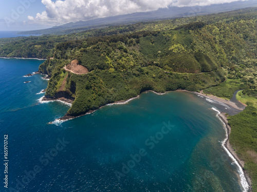 Aerial view of the Maui coastline at Honomanu Park and the road to Hana photo