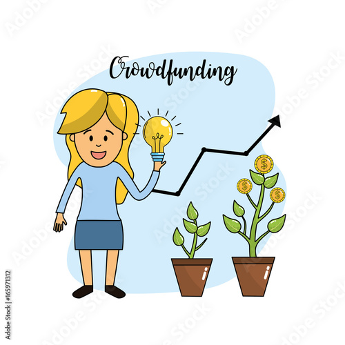 businesswoman with bulb idea in the hand and coins plant