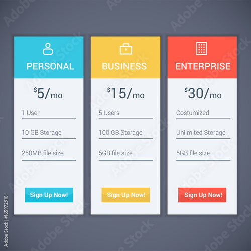 Web menu Plan Pricing with three optional subscription model and button