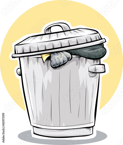A cartoon of a full, metal trashcan full of garbage.