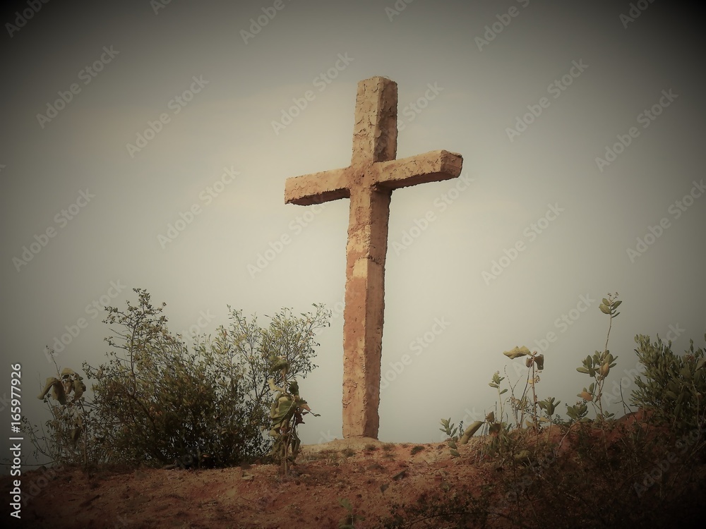 Christian Stone Cross On Hill