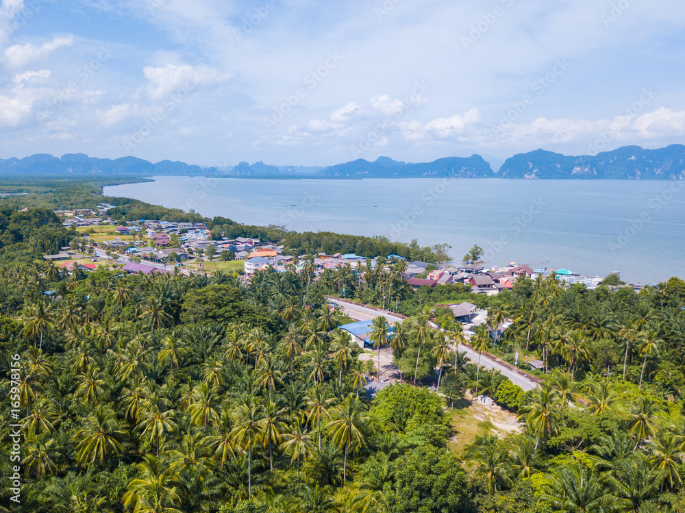 Aerial view of community near Laemsak bay in Krabi