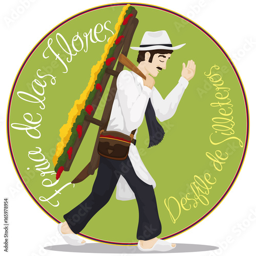 Traditional Male Silletero for Colombian Festival of the Flowers, Vector Illustration