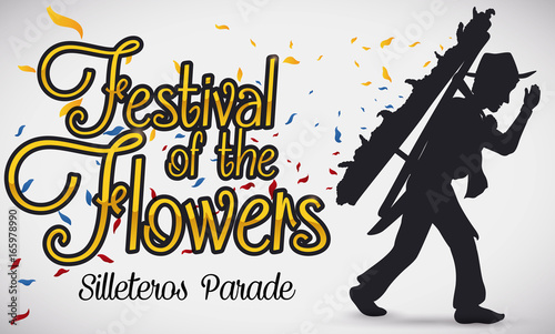 Traditional Silletero Silhouette and Petals for Colombian Flowers Festival, Vector Illustration