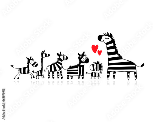Zebra family, mother and children, sketch for your design