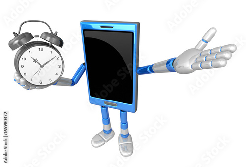 3D Smart Phone Mascot the right hand guides and the left hand is holding a ,table clock. 3D Mobile Phone Character Design Series.