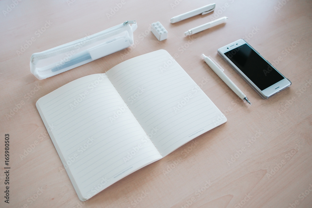 Office desktop ready for work . white stationery on a light wooden surface. Office desktop ready for work . white stationery on a light wooden surface.