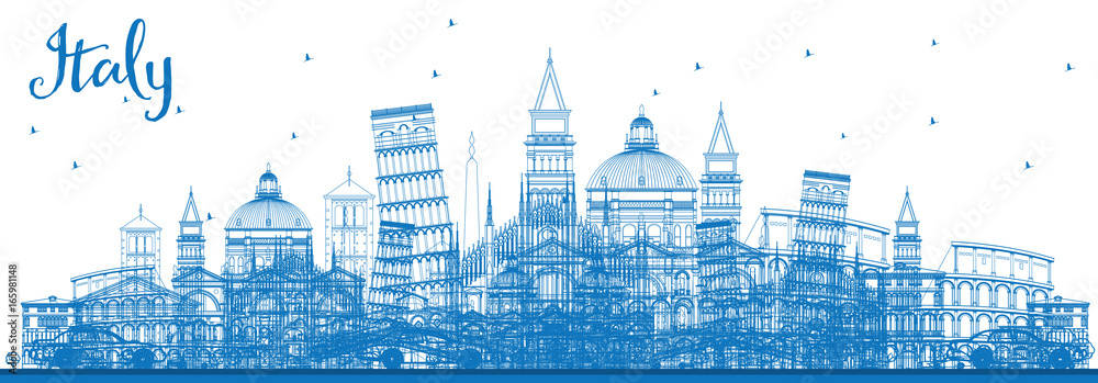 Outline Italy Skyline with Blue Landmarks.