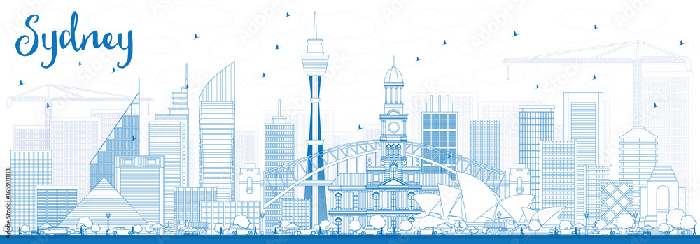Outline Sydney Australia Skyline with Blue Buildings.