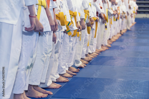 Foto Group of children in kimono standing in a line on tatami on martial arts training seminar