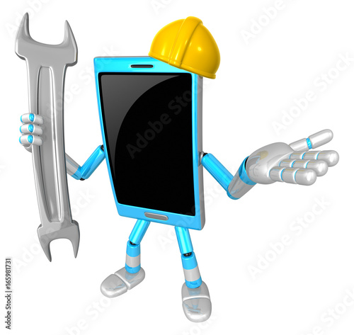 3D Smart Phone Mascot the right hand guides and the left hand is holding a spanner. 3D Mobile Phone Character Design Series. photo