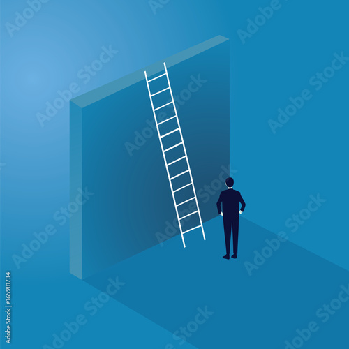 Business Challenge Concept. Businessman Climb Ladder on High Wall