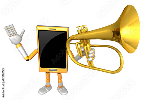 3D Smart Phone Mascot has to be playing the flugelhorn. 3D Mobile Phone Character Design Series. photo