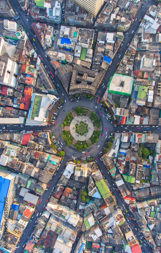 Aerial view, Road roundabout, Expressway with car lots in the city in Thailand. beautiful Street , downtown, cityscape, Top view. Background