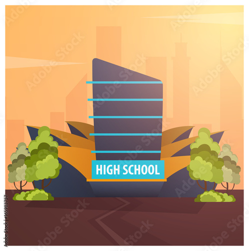 High school Modern building in flat style isolated on white background.