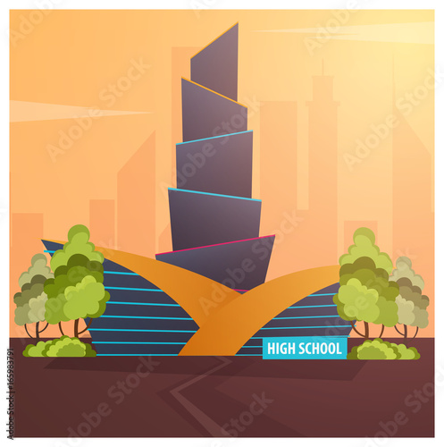 High school Modern building in flat style isolated on white background.