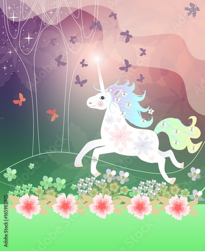 Dekoracja na wymiar  book-cover-greeting-card-or-towel-with-cheerful-unicorn-in-magic-forest