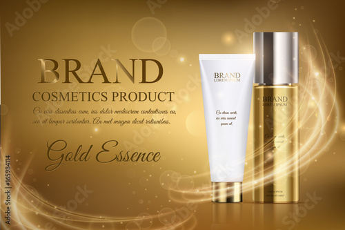 A beautiful cosmetic ads template, golden bottle hair oil with white cosmetic tube design on a gold shiny background with bokeh and lighting flare effect